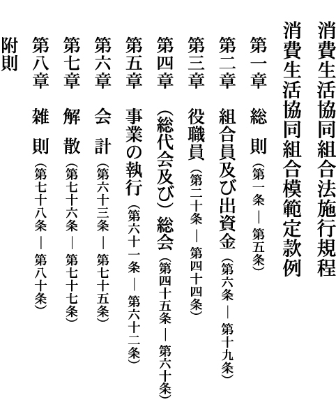 【消費生活協同組合法施行規程】 〜 【消費生活協同組合模範定款例】 【消費生活協同組合法施行規程】 〜 【消費生活協同組合模範定款例】